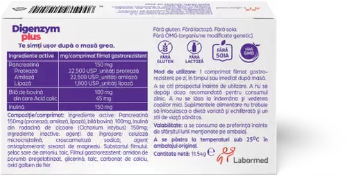 Ambalajul Digenzym Plus cu instrucțiuni și ingrediente